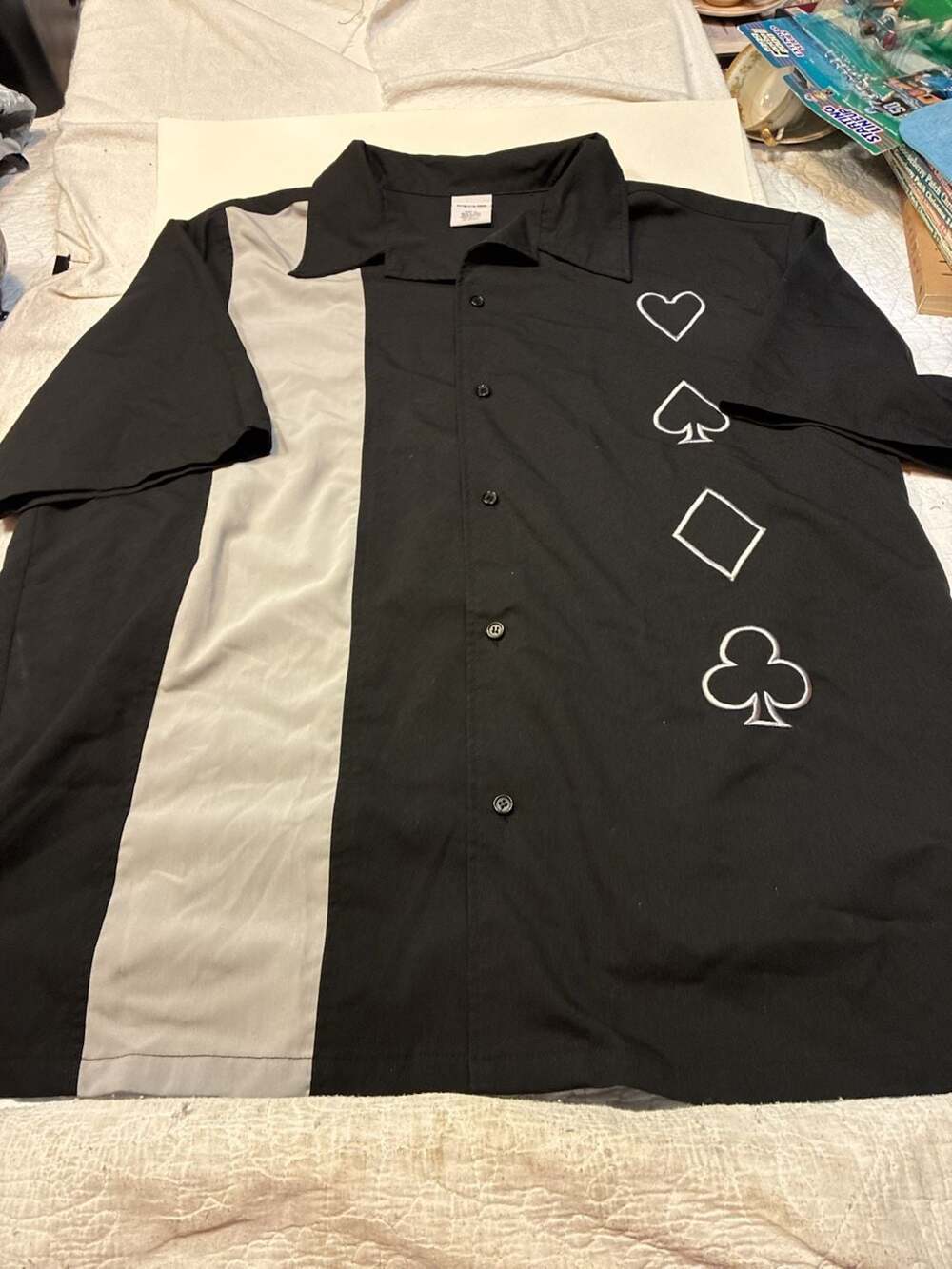 Designs by Attila Black and Gray Bowling Camp Shirt with Card Suit Symbols XL